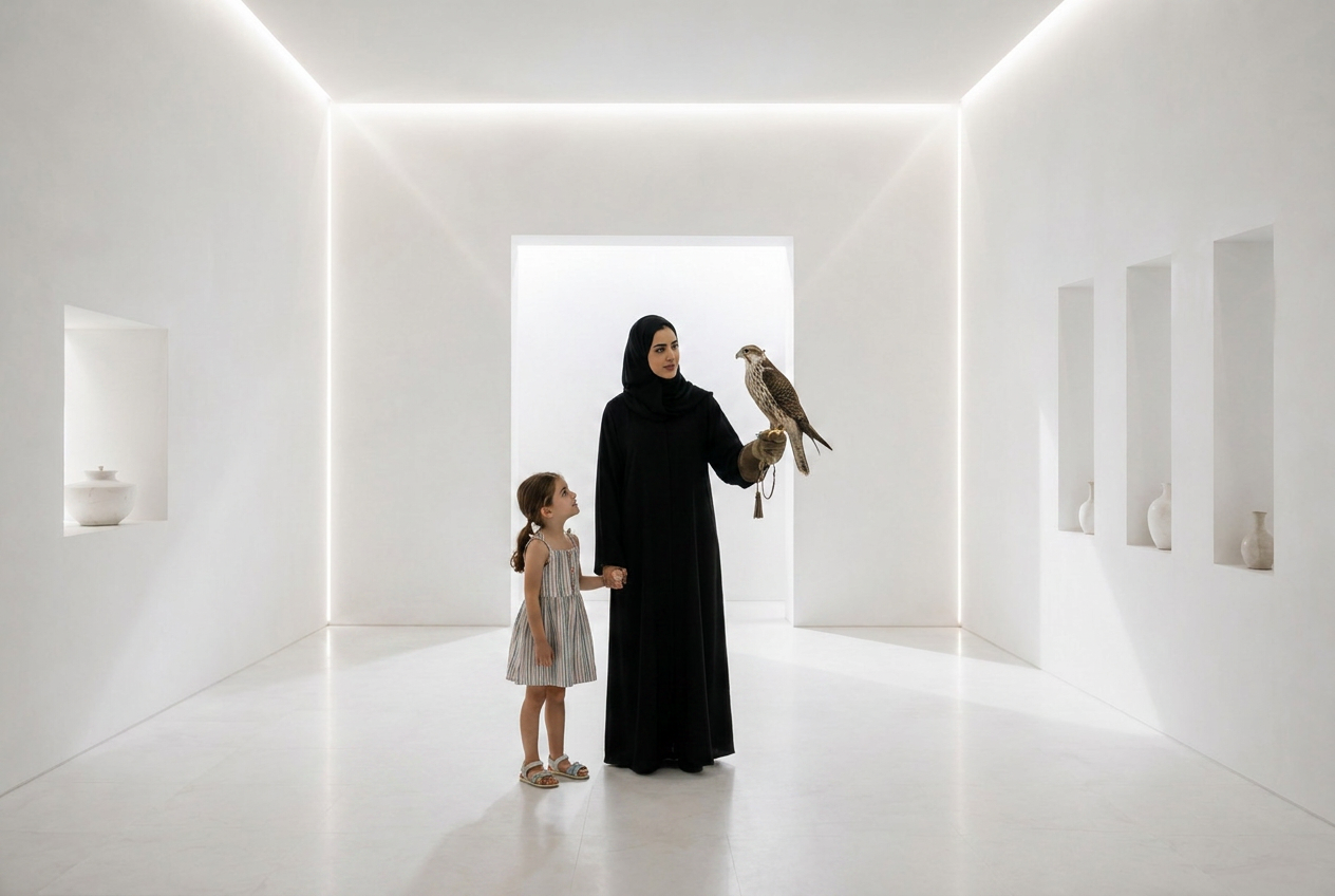 A woman, a child, a falcon
